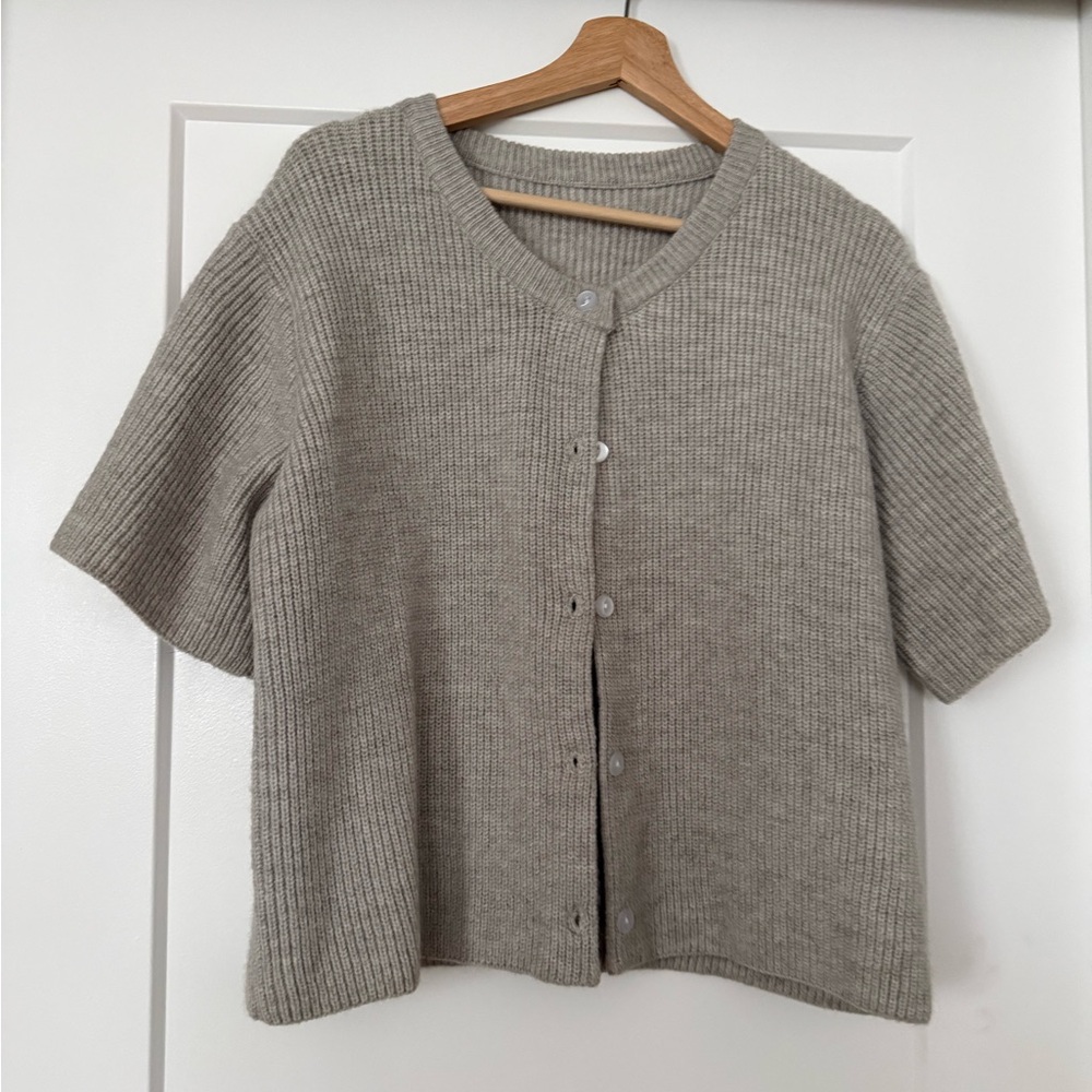 Short Sleeve Ribbed Button Cardigan — Taupe